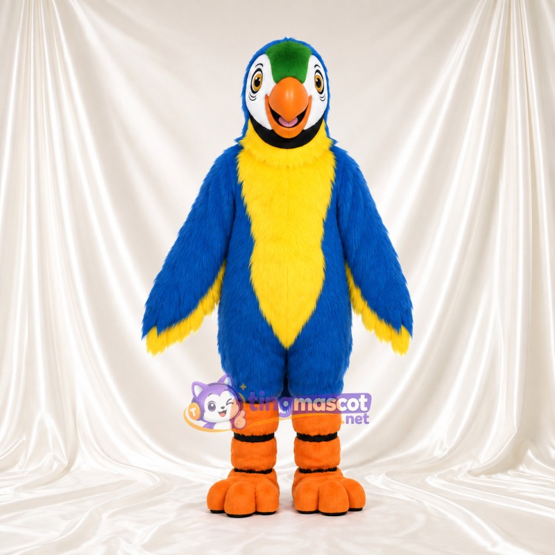 Costume de mascotte Perroquet – bleu – Torse (jaune); Jambes (orange)