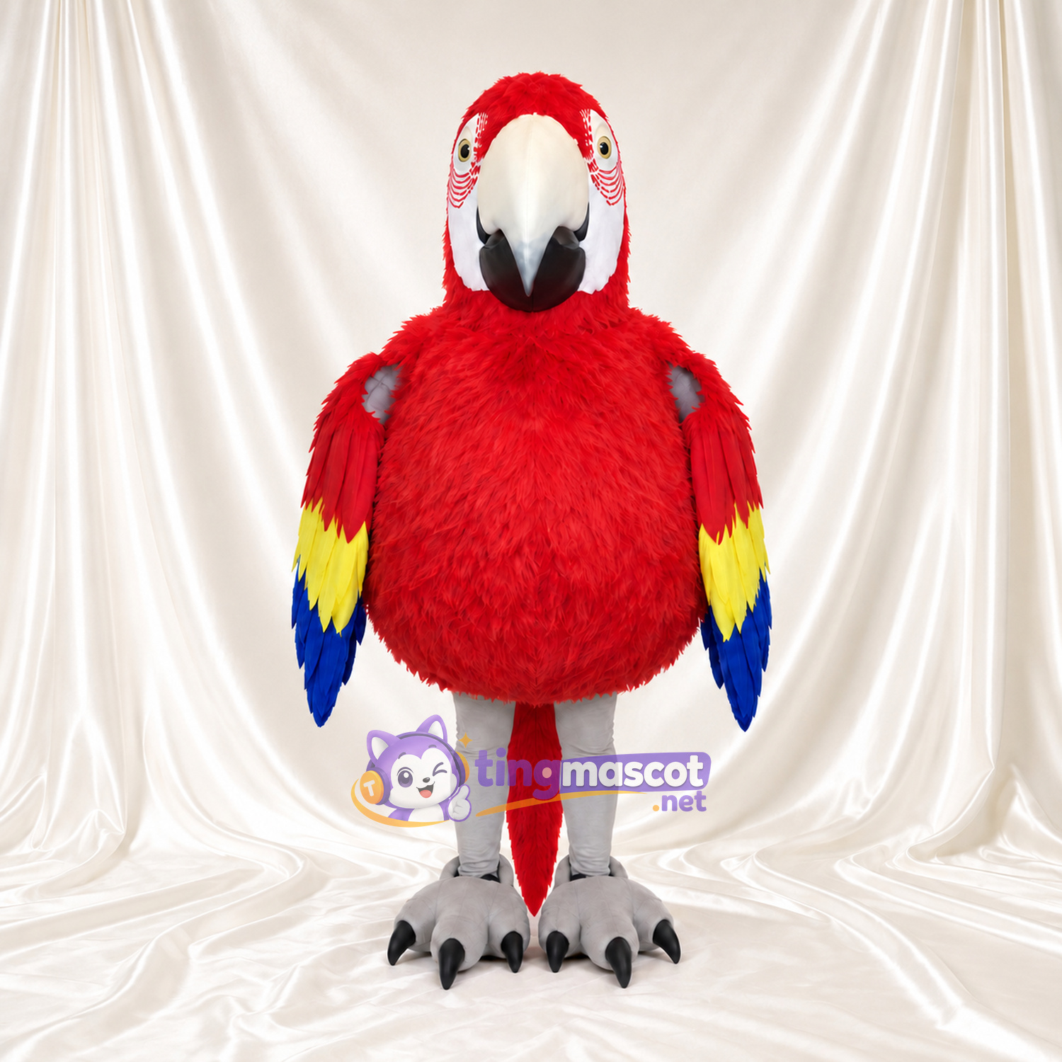 Costume de mascotte Ara – rouge – Corps (rond, à plumes); Jambes (gris) Costume de mascotte Ara – rouge – Corps (rond, à plumes); Jambes (gris)