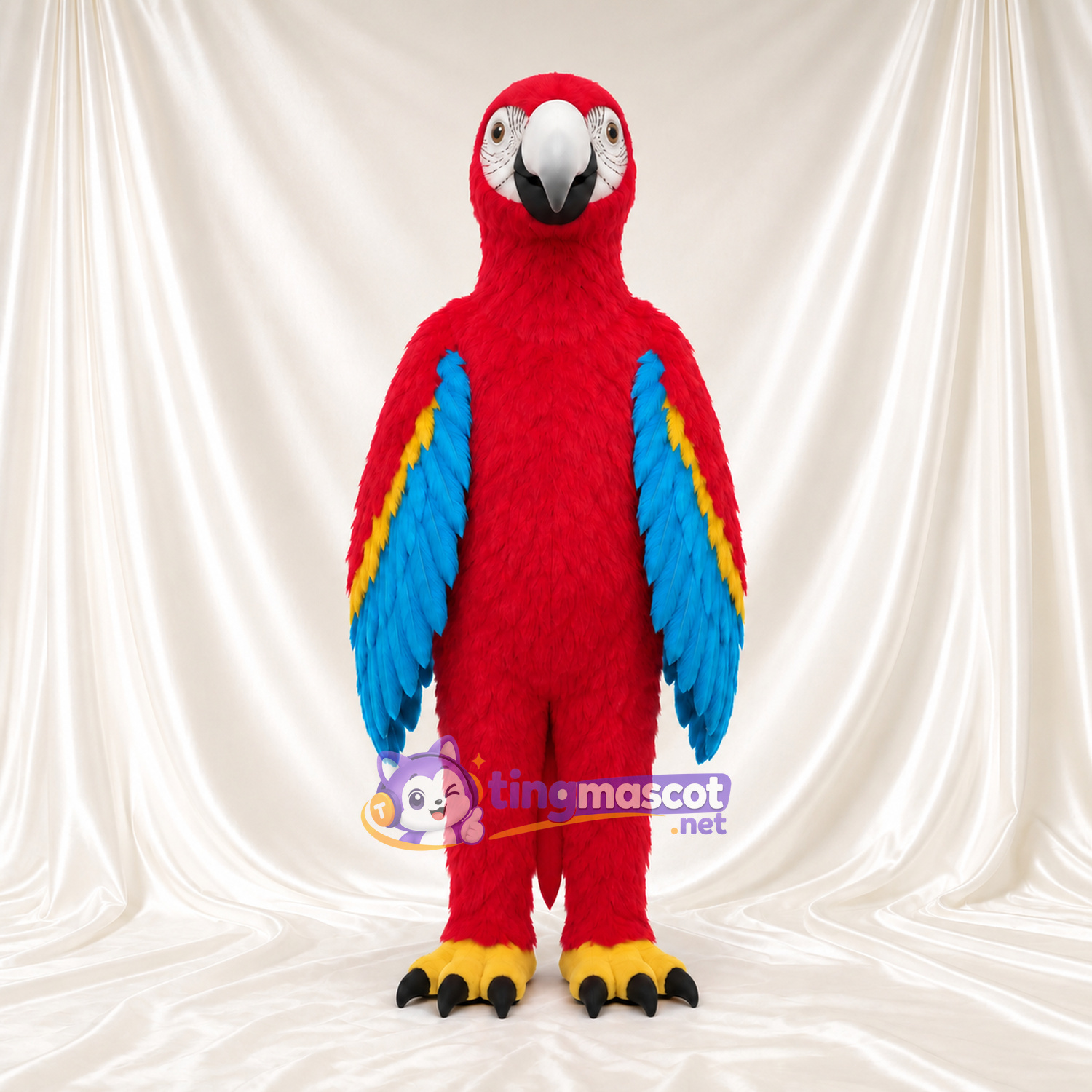 Costume de mascotte Ara – rouge – Bec (blanc); Ailes (bleu, à plusieurs couches) Costume de mascotte Ara – rouge – Bec (blanc); Ailes (bleu, à plusieurs couches)