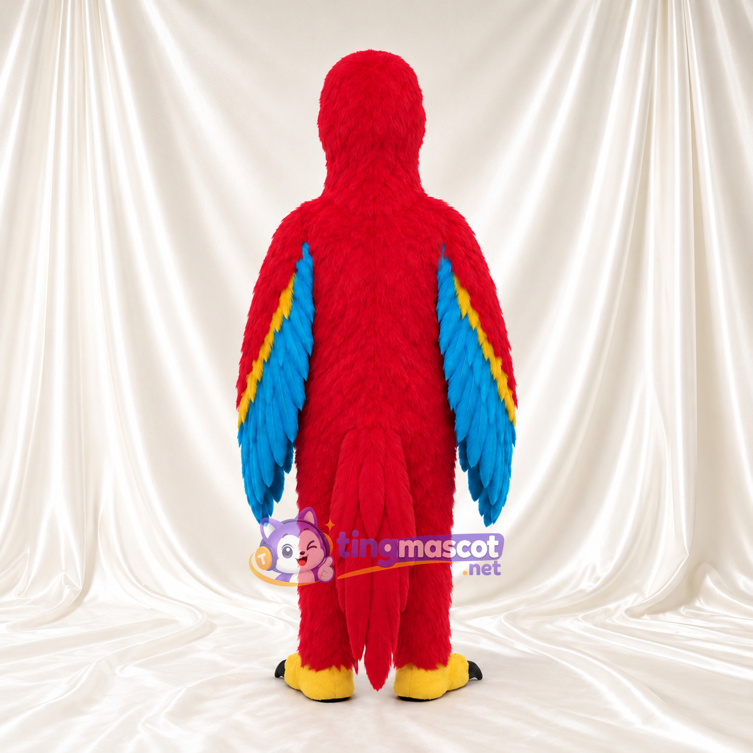 Costume de mascotte Ara – rouge – Bec (blanc); Ailes (bleu, à plusieurs couches) Costume de mascotte Ara – rouge – Bec (blanc); Ailes (bleu, à plusieurs couches)