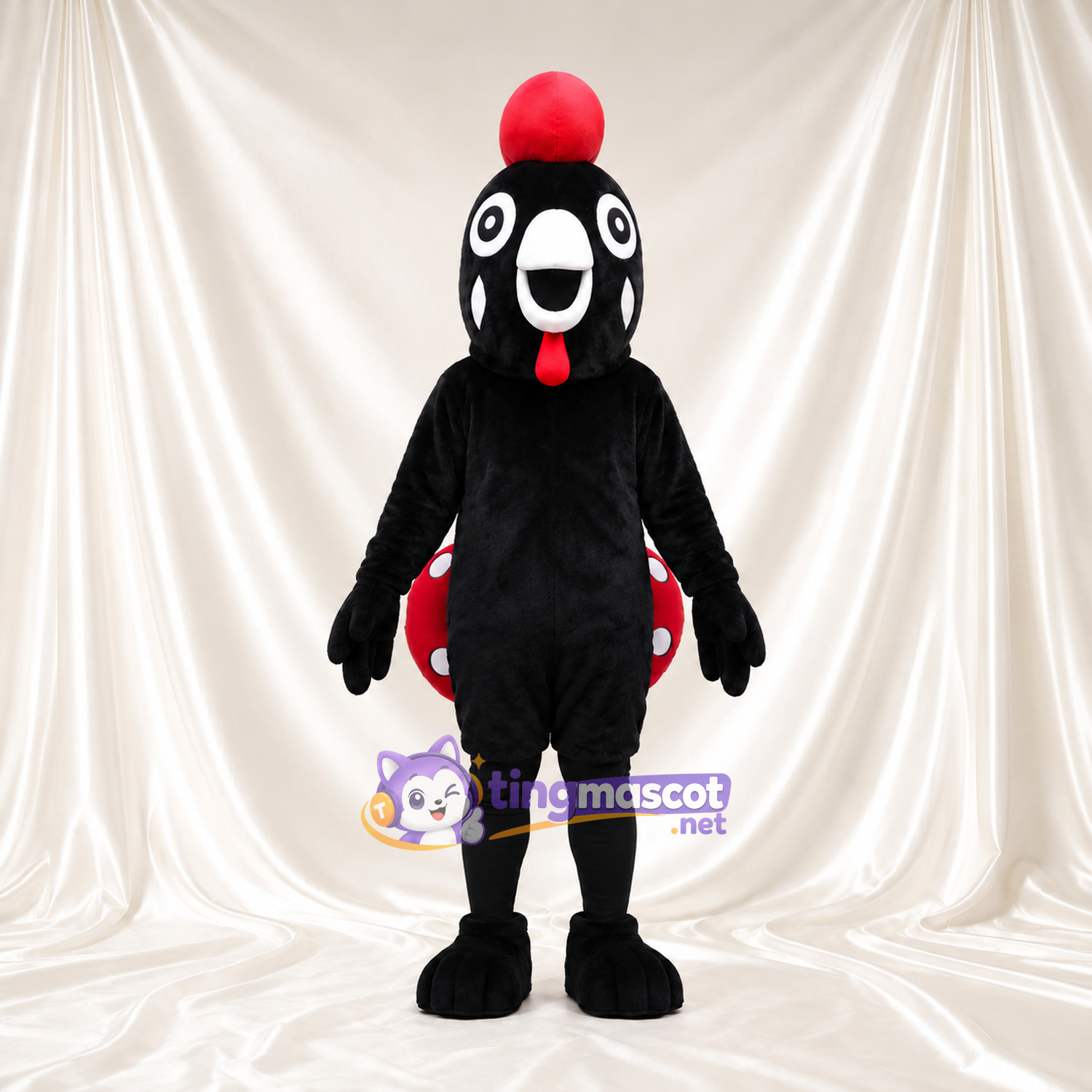 Black Rooster Mascot Costume - Red Comb and Red Polka-Dot Tail Black Rooster Mascot Costume - Red Comb and Red Polka-Dot Tail