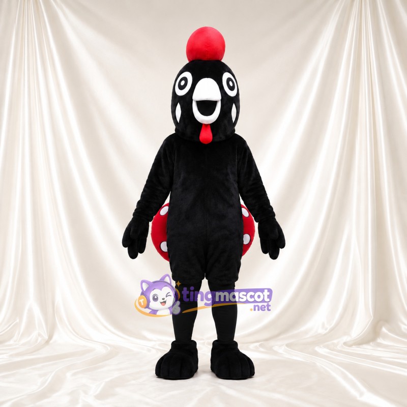 Black Rooster Mascot Costume - Red Comb and Red Polka-Dot Tail Black Rooster Mascot Costume - Red Comb and Red Polka-Dot Tail