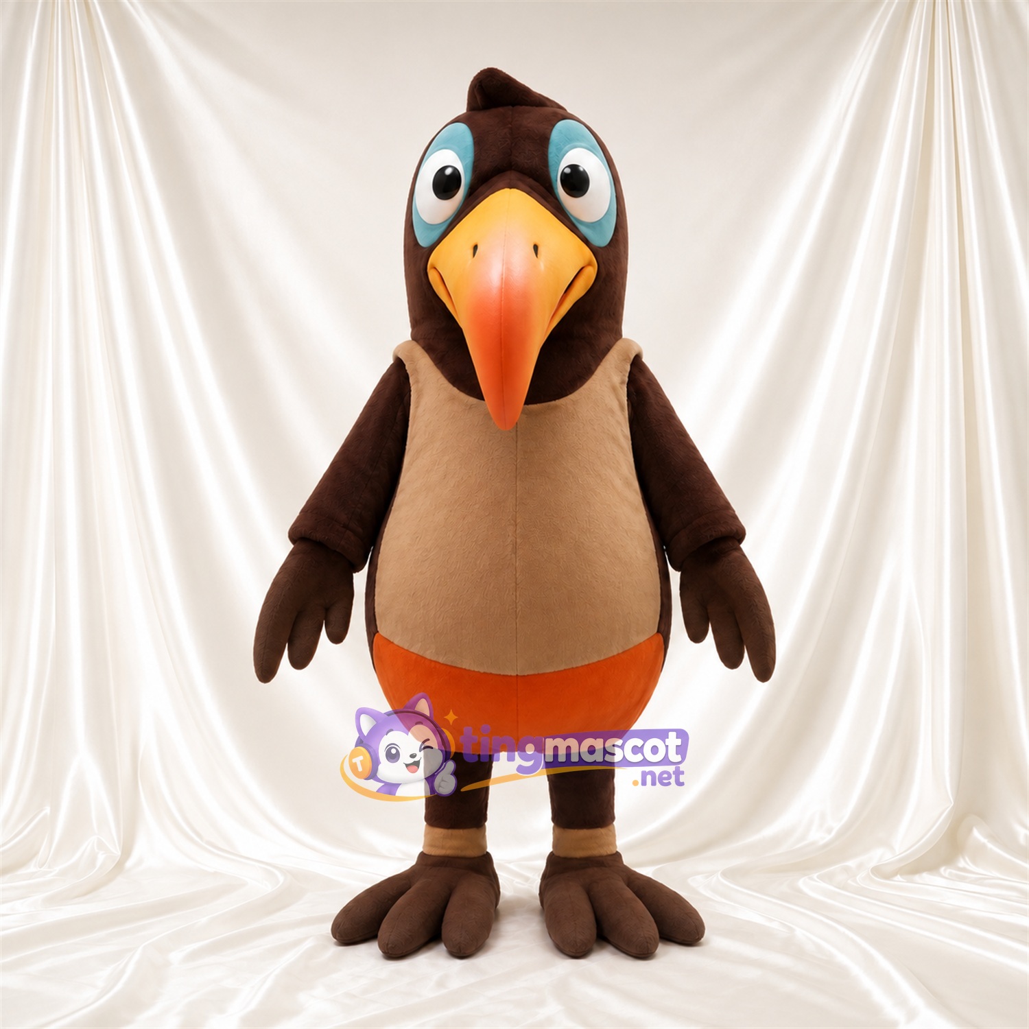 Brown Kingfisher Mascot Costume - Tan Vest and Long Orange Beak Brown Kingfisher Mascot Costume - Tan Vest and Long Orange Beak