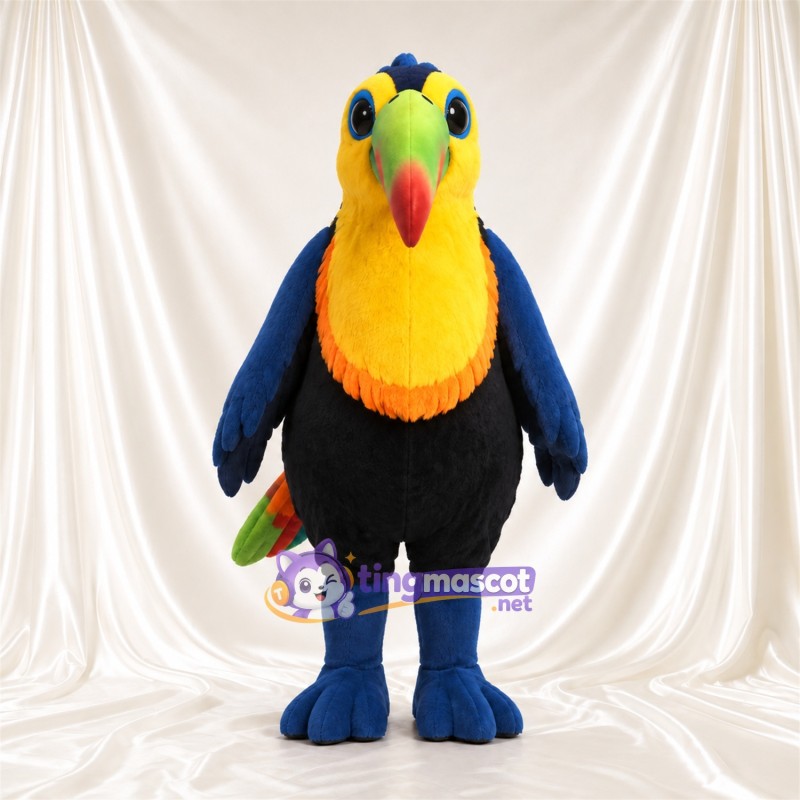 Costume de mascotte Oiseau – jaune / bleu – Cou (orange); Plumes; Ventre (noir)