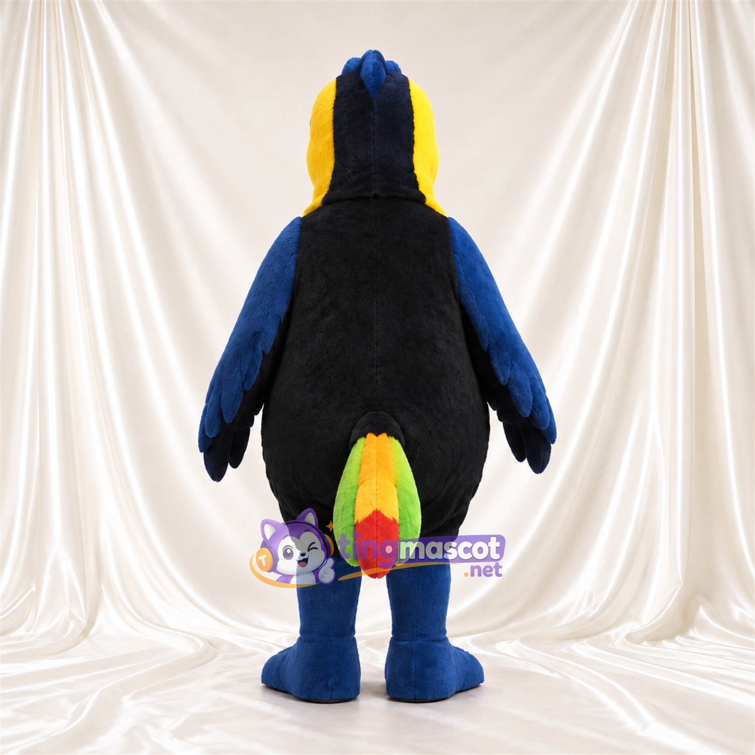 Costume de mascotte Oiseau – jaune / bleu – Cou (orange); Plumes; Ventre (noir)