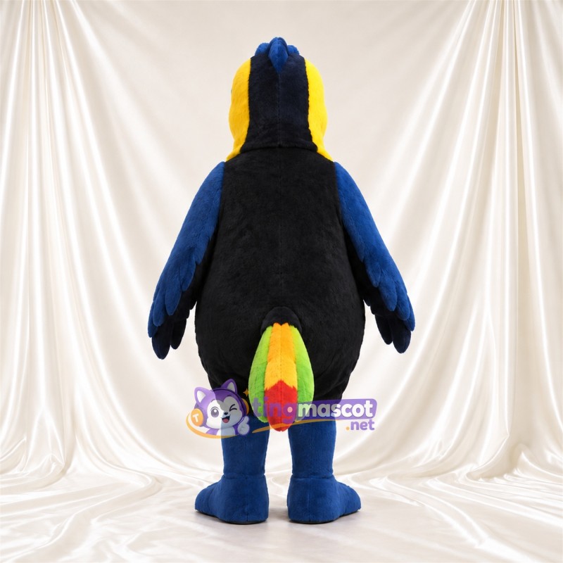 Costume de mascotte Oiseau – jaune / bleu – Cou (orange); Plumes; Ventre (noir)