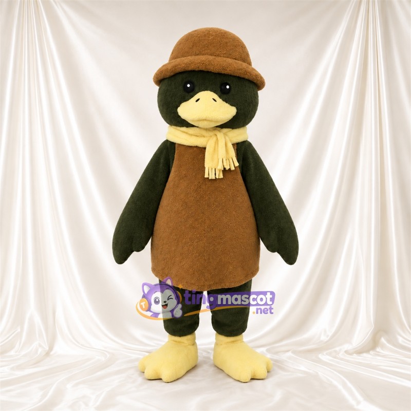 Dark Green Duck Mascot Costume - Brown Hat and Cream Scarf Dark Green Duck Mascot Costume - Brown Hat and Cream Scarf