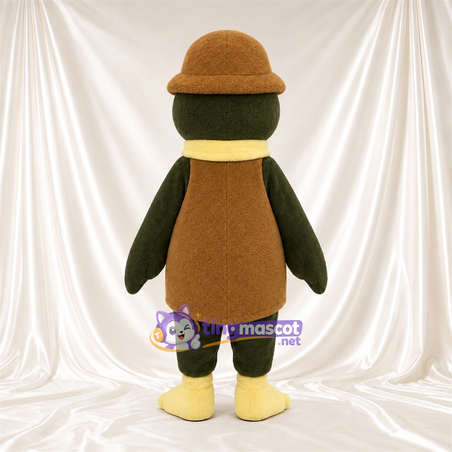 Dark Green Duck Mascot Costume - Brown Hat and Cream Scarf Dark Green Duck Mascot Costume - Brown Hat and Cream Scarf