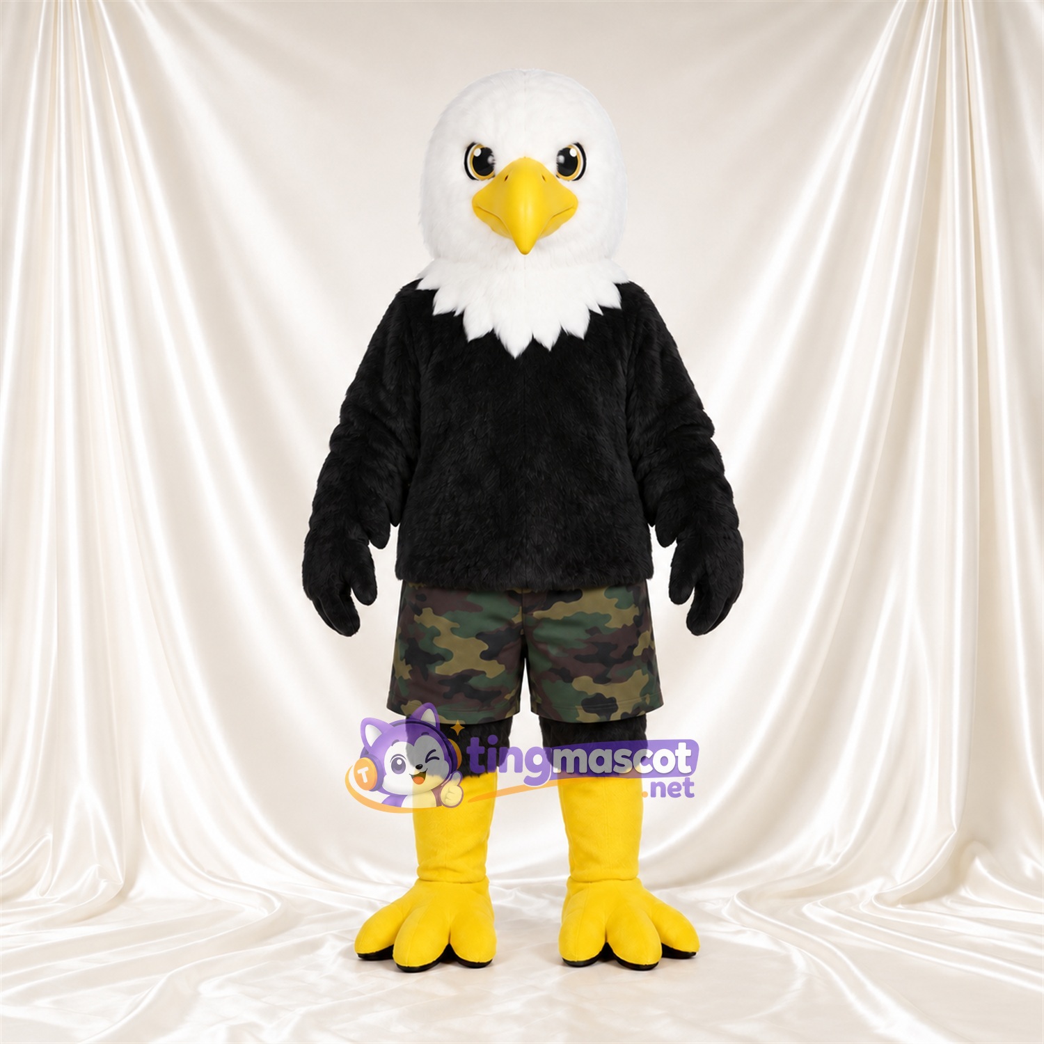 Black Bald Eagle Mascot Costume - Camouflage Shorts and Yellow Legs Black Bald Eagle Mascot Costume - Camouflage Shorts and Yellow Legs