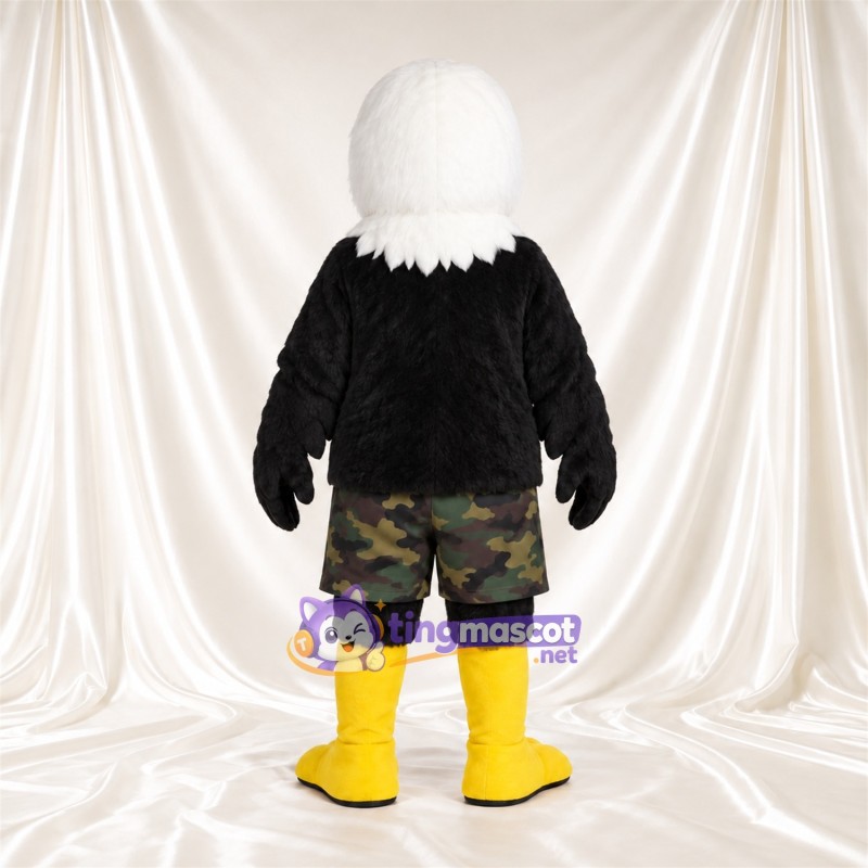 Black Bald Eagle Mascot Costume - Camouflage Shorts and Yellow Legs Black Bald Eagle Mascot Costume - Camouflage Shorts and Yellow Legs