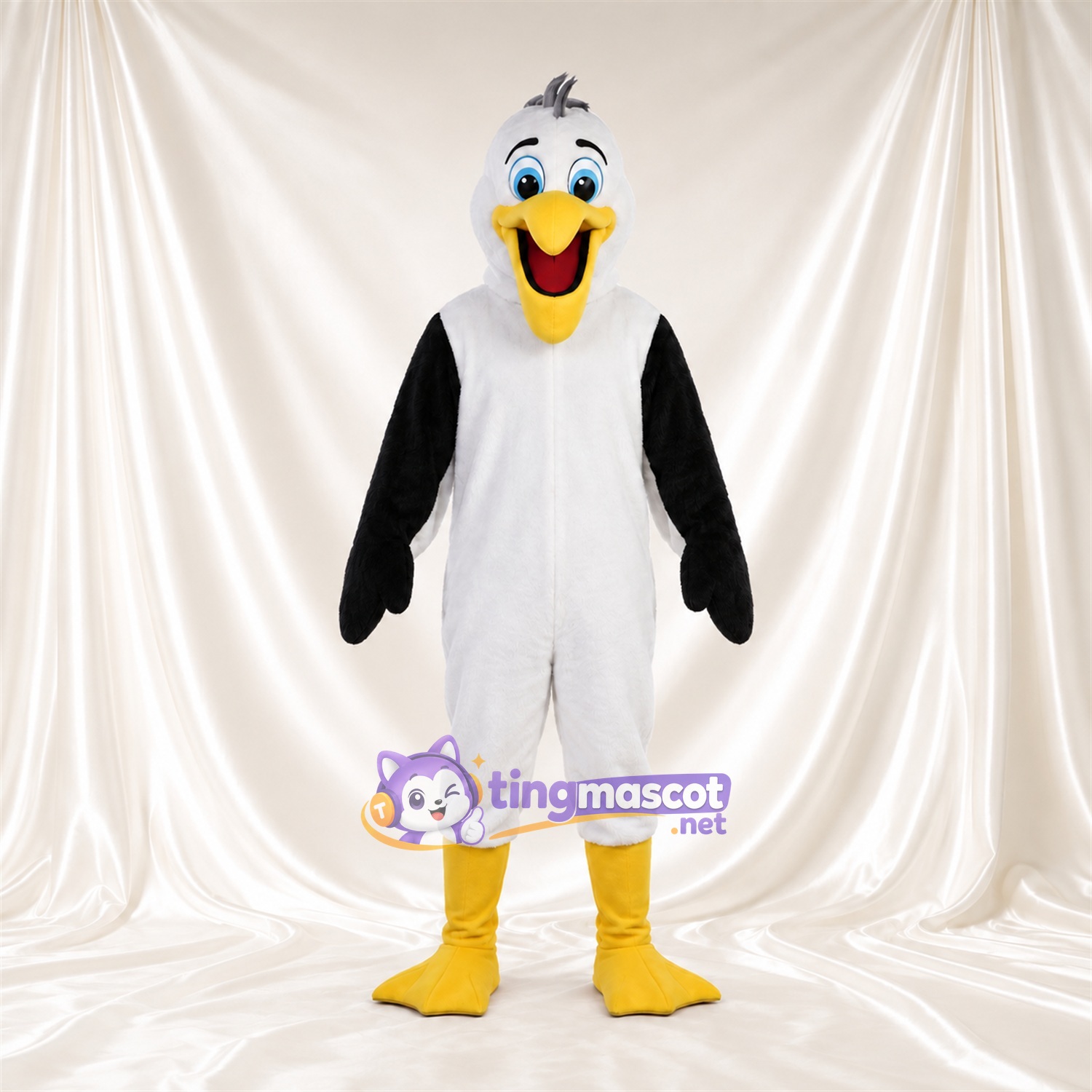 Costume de mascotte Oiseau – blanc – Ailes (noir); Bottes (jaune) Costume de mascotte Oiseau – blanc – Ailes (noir); Bottes (jaune)