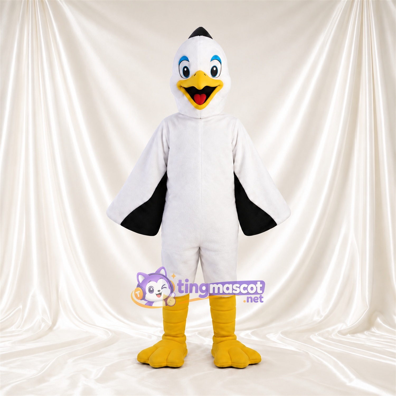 Costume de mascotte Oiseau – blanc – Bouts des ailes (noir); Jambes (jaune) Costume de mascotte Oiseau – blanc – Bouts des ailes (noir); Jambes (jaune)
