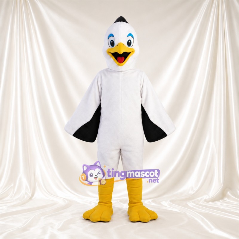 Costume de mascotte Oiseau – blanc – Bouts des ailes (noir); Jambes (jaune) Costume de mascotte Oiseau – blanc – Bouts des ailes (noir); Jambes (jaune)