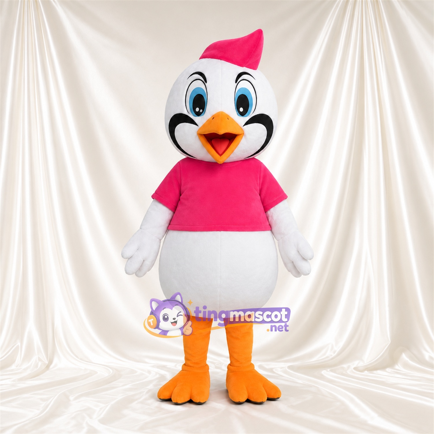 Costume de mascotte Oiseau – blanc – Chapeau (rose); T-shirt (rose) Costume de mascotte Oiseau – blanc – Chapeau (rose); T-shirt (rose)