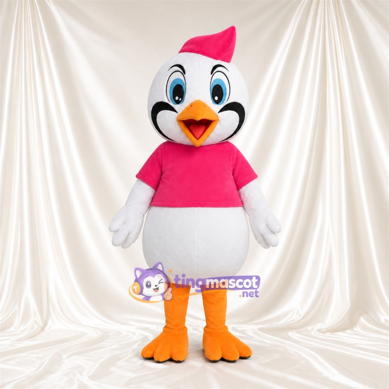 Costume de mascotte Oiseau – blanc – Chapeau (rose); T-shirt (rose) Costume de mascotte Oiseau – blanc – Chapeau (rose); T-shirt (rose)