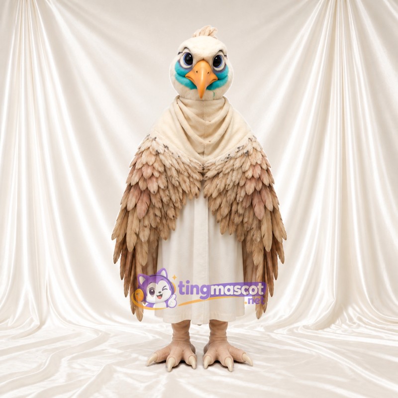 Beige Bird Mascot Costume - Cream Scarf and Layered Feather Wings Beige Bird Mascot Costume - Cream Scarf and Layered Feather Wings