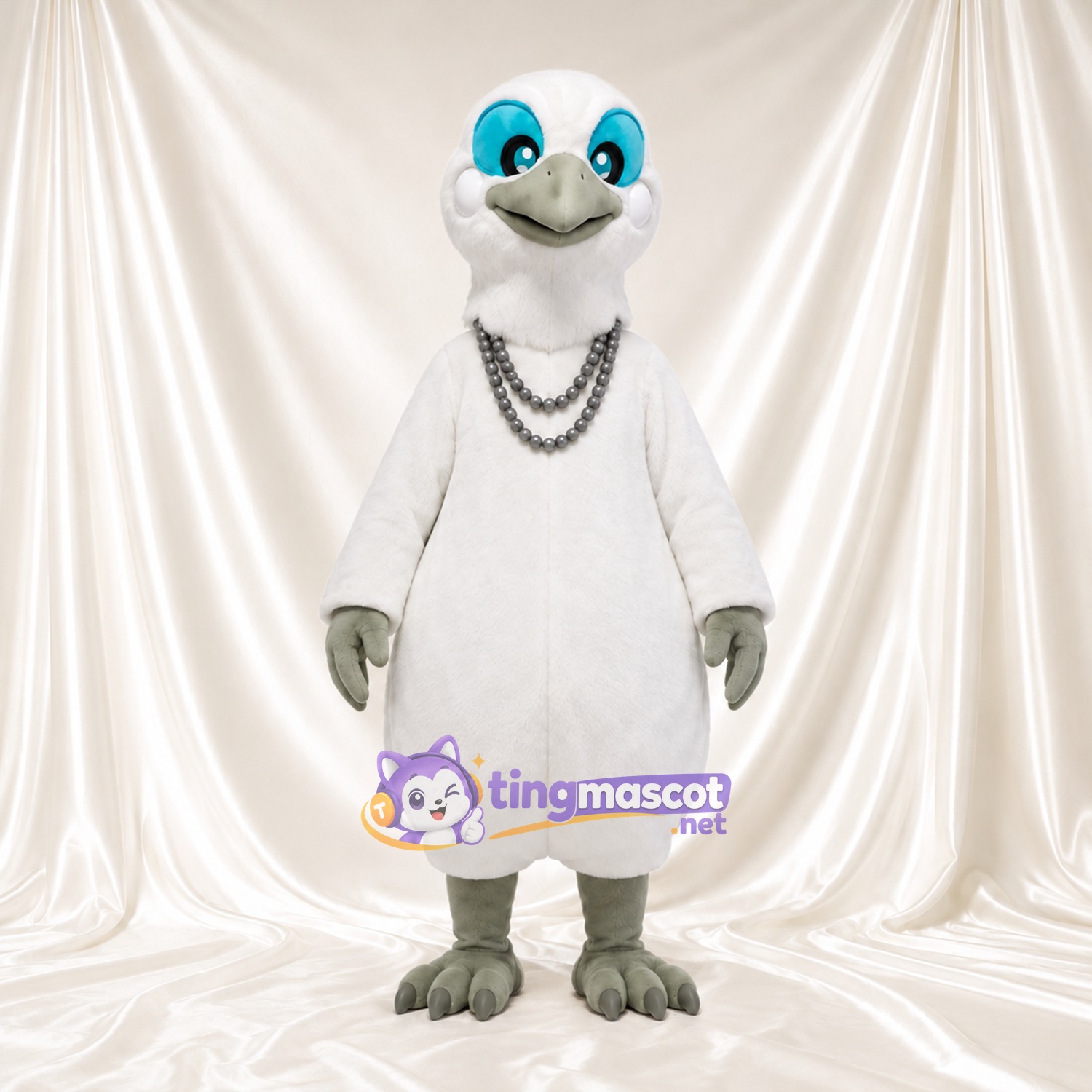 Costume de mascotte Oiseau – blanc – Collier (à plusieurs couches, gris); Pieds (gris) Costume de mascotte Oiseau – blanc – Collier (à plusieurs couches, gris); Pieds (gris)