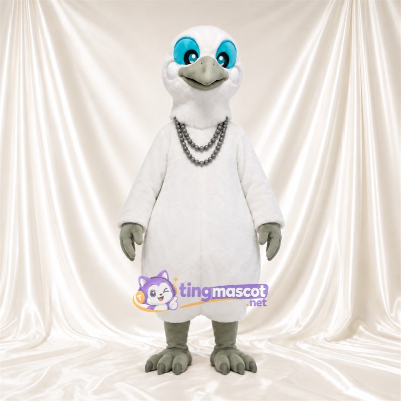 Costume de mascotte Oiseau – blanc – Collier (à plusieurs couches, gris); Pieds (gris) Costume de mascotte Oiseau – blanc – Collier (à plusieurs couches, gris); Pieds (gris)