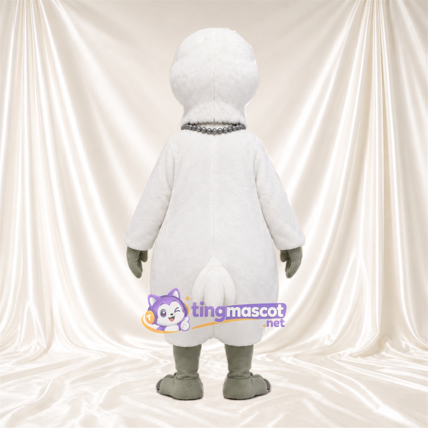 Costume de mascotte Oiseau – blanc – Collier (à plusieurs couches, gris); Pieds (gris) Costume de mascotte Oiseau – blanc – Collier (à plusieurs couches, gris); Pieds (gris)