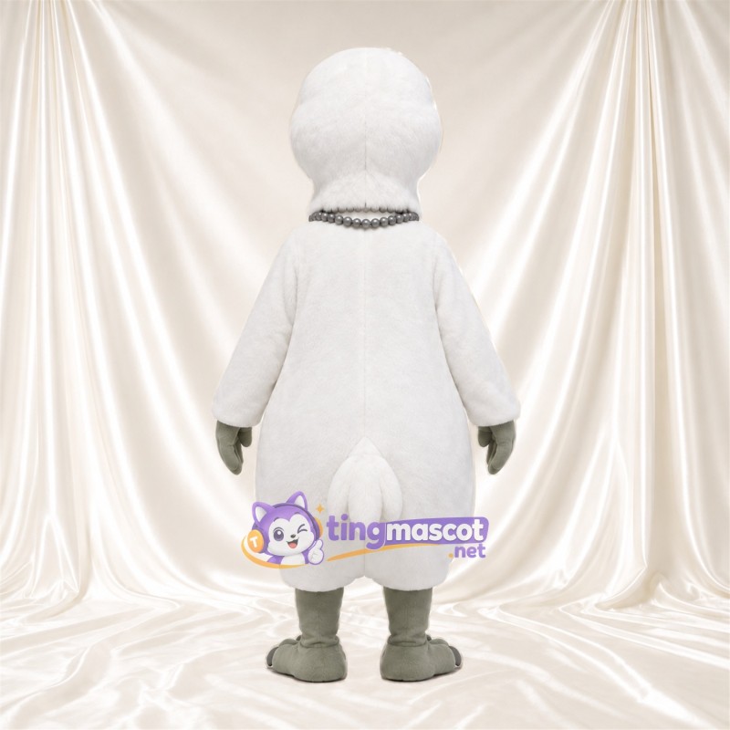 Costume de mascotte Oiseau – blanc – Collier (à plusieurs couches, gris); Pieds (gris) Costume de mascotte Oiseau – blanc – Collier (à plusieurs couches, gris); Pieds (gris)