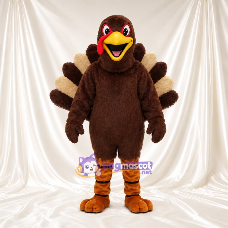 Brown Turkey Mascot Costume - Fan Tail and Striped Orange Legs