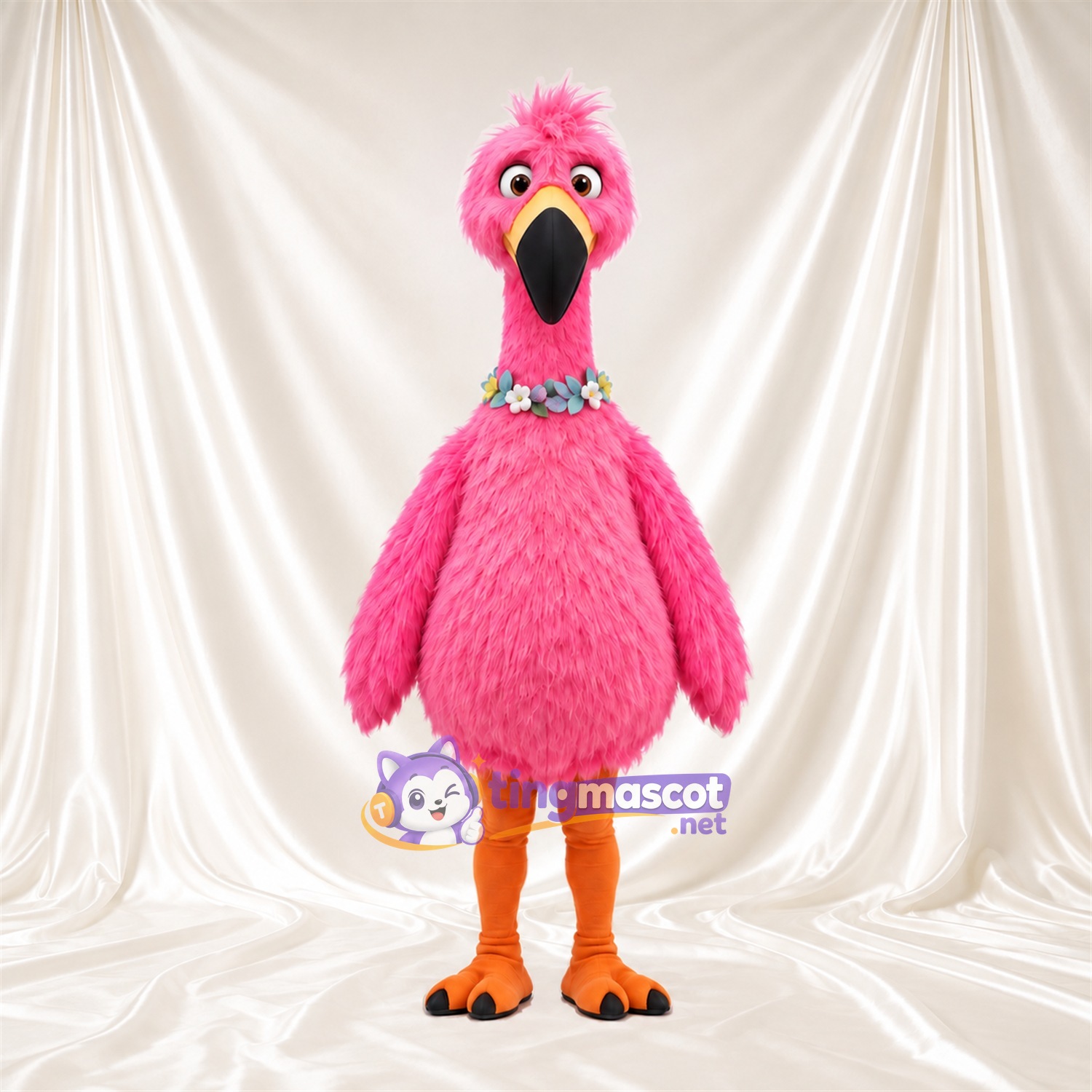 Costume de mascotte Flamant rose – rose – Collier de fleurs; Jambes (orange) Costume de mascotte Flamant rose – rose – Collier de fleurs; Jambes (orange)