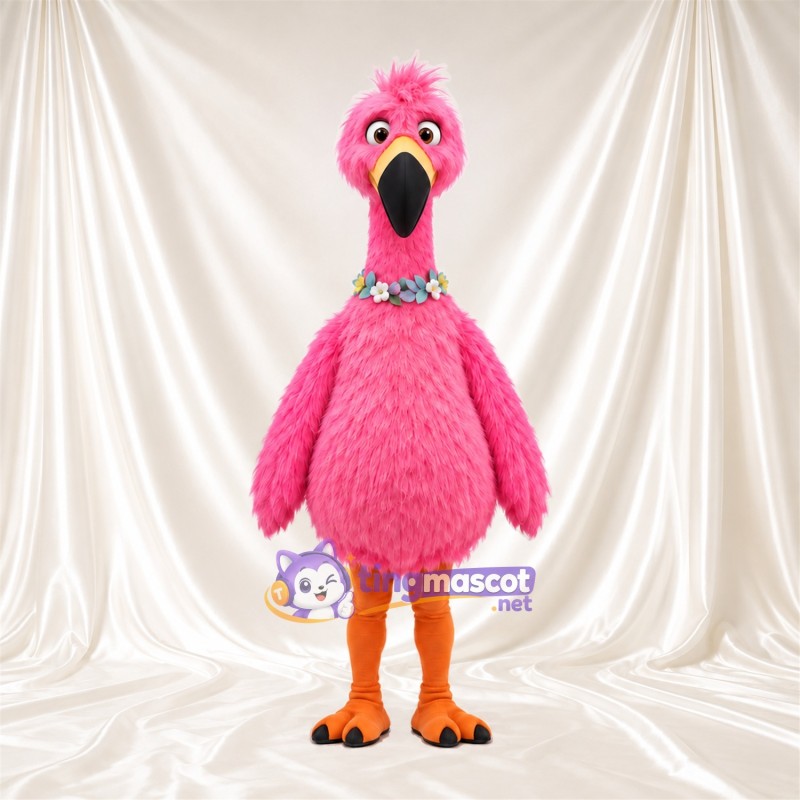 Costume de mascotte Flamant rose – rose – Collier de fleurs; Jambes (orange) Costume de mascotte Flamant rose – rose – Collier de fleurs; Jambes (orange)
