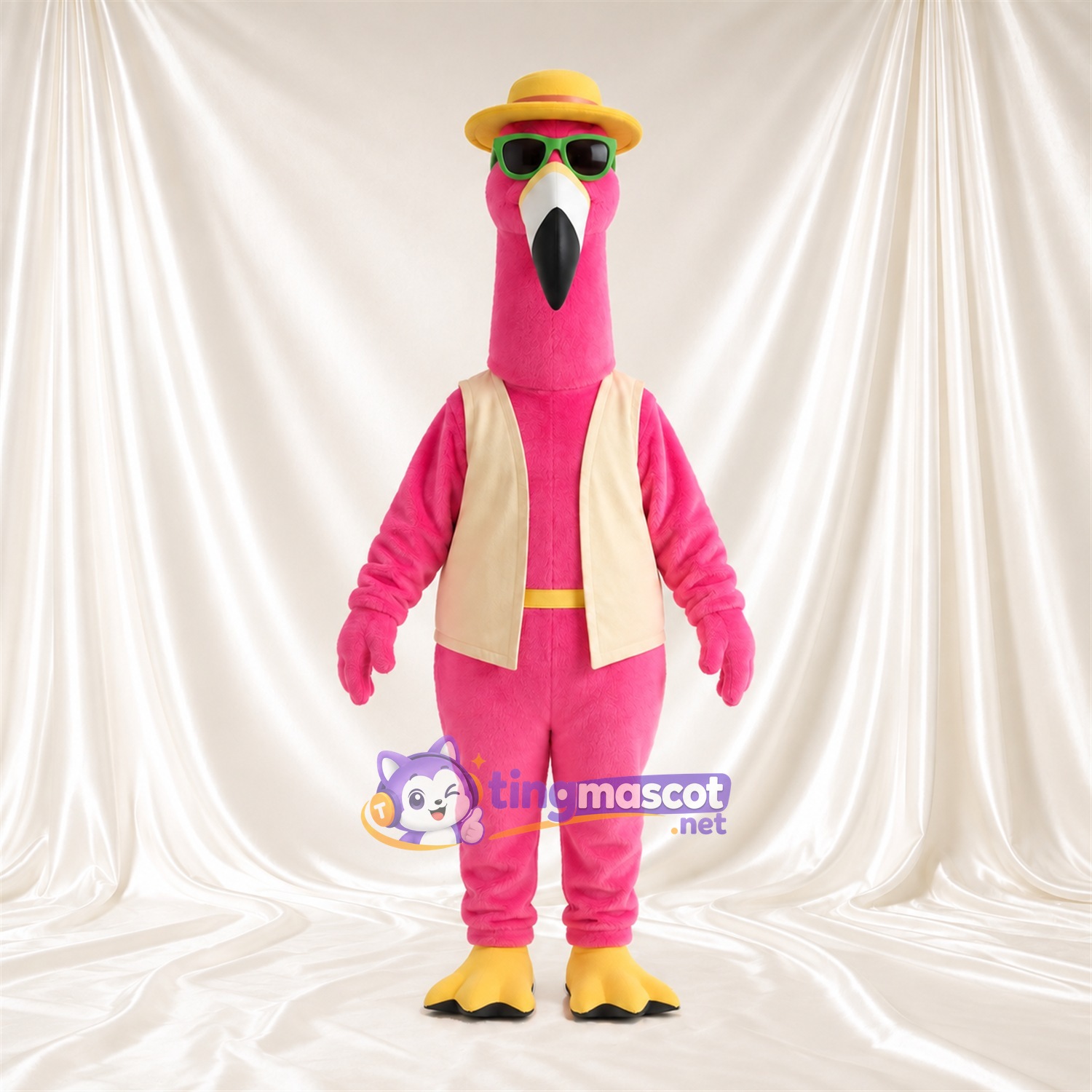 Costume de mascotte Flamant rose – rose – Chapeau; Lunettes de soleil; Gilet (beige) Costume de mascotte Flamant rose – rose – Chapeau; Lunettes de soleil; Gilet (beige)