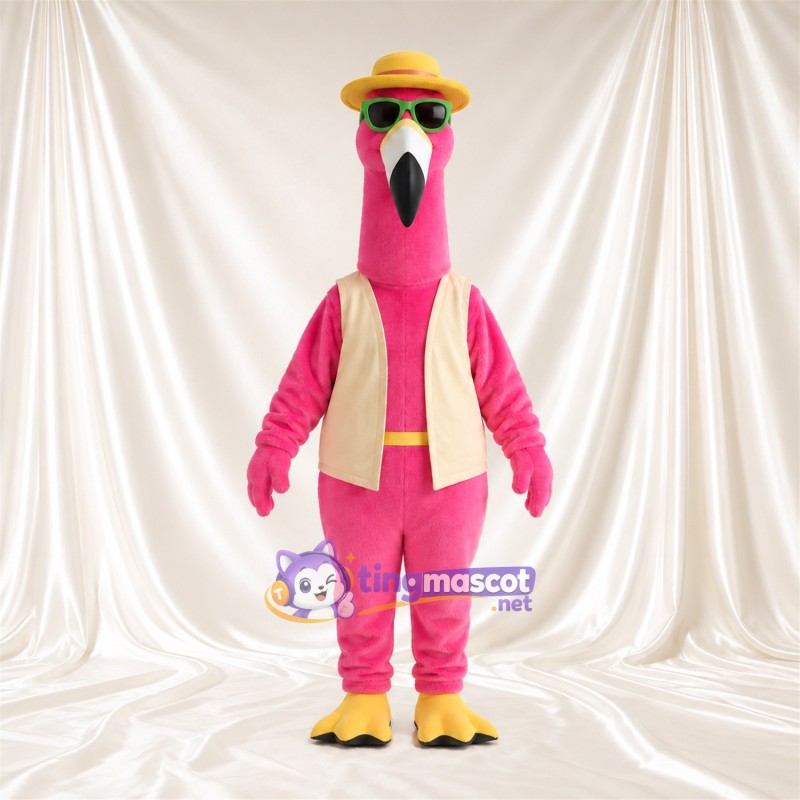 Costume de mascotte Flamant rose – rose – Chapeau; Lunettes de soleil; Gilet (beige) Costume de mascotte Flamant rose – rose – Chapeau; Lunettes de soleil; Gilet (beige)