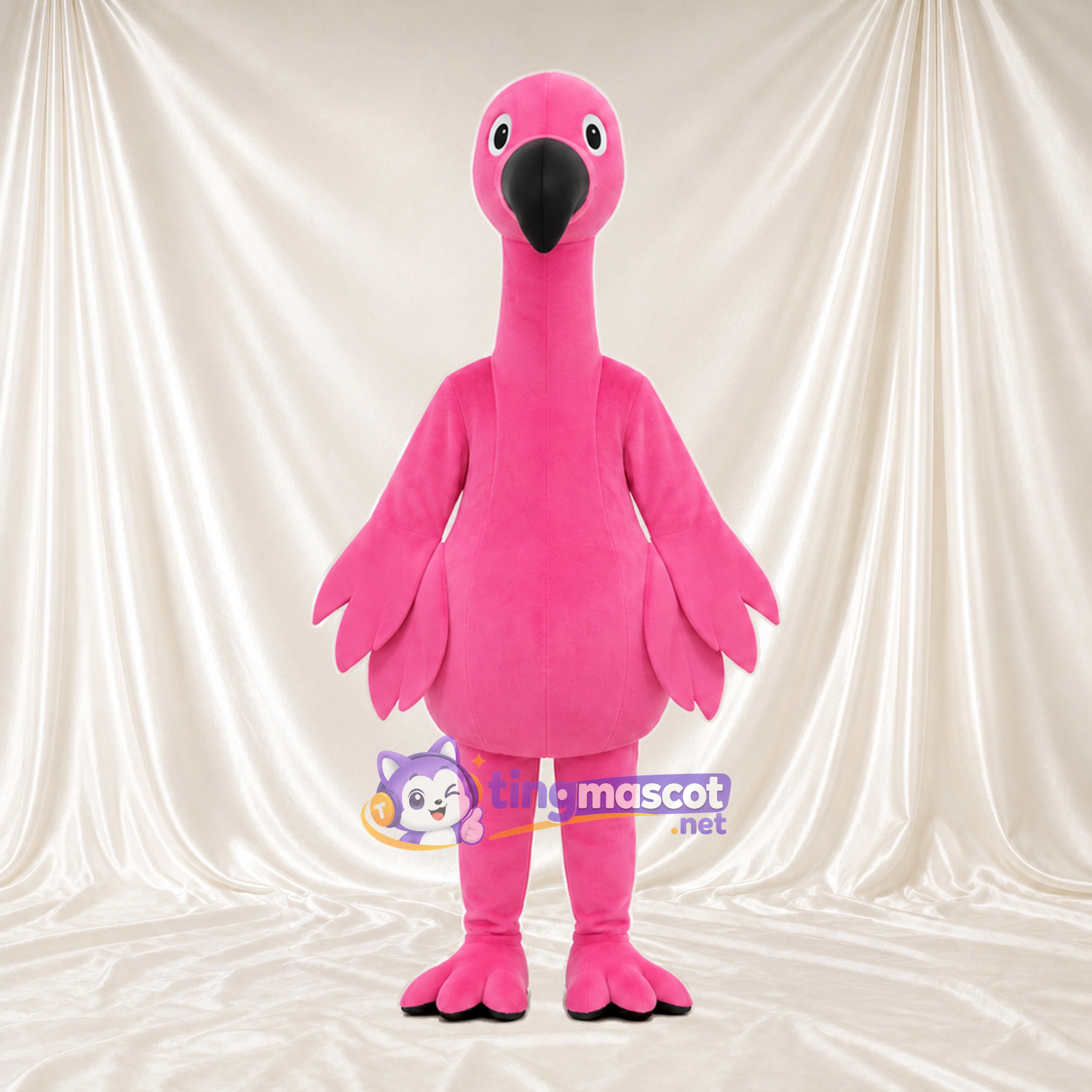 Costume de mascotte Flamant rose – rose – Bec (noir); Empiècements des ailes (à plusieurs couches) Costume de mascotte Flamant rose – rose – Bec (noir); Empiècements des ailes (à plusieurs couches)