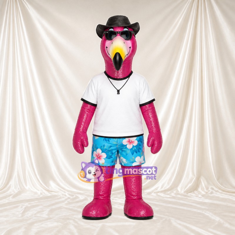 Costume de mascotte Flamant rose – rose – Chapeau de cowboy; T-shirt (blanc); Short (fleuri) Costume de mascotte Flamant rose – rose – Chapeau de cowboy; T-shirt (blanc); Short (fleuri)
