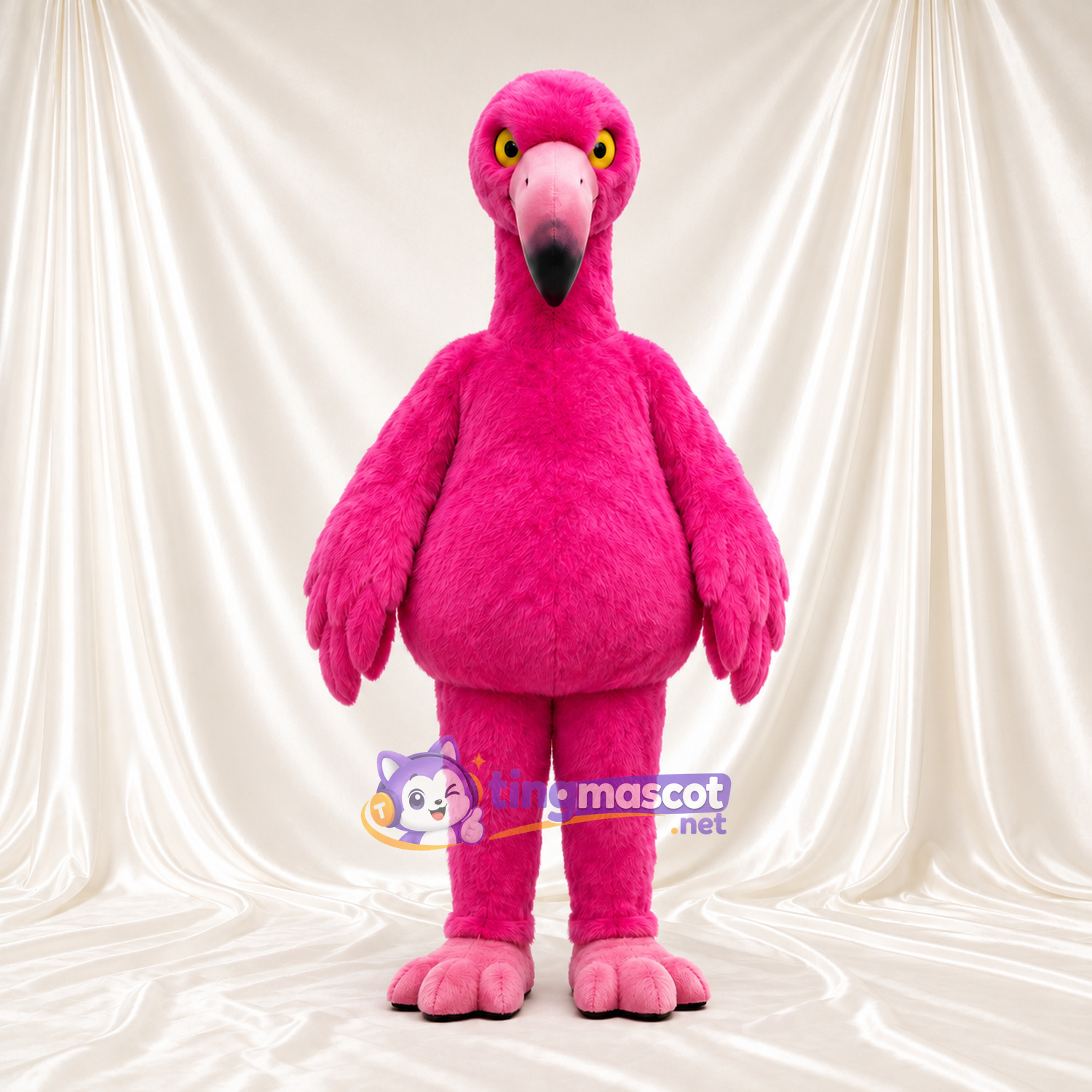 Hot Pink Flamingo Mascot Costume - Angry Yellow Eyes and Rounded Belly Hot Pink Flamingo Mascot Costume - Angry Yellow Eyes and Rounded Belly