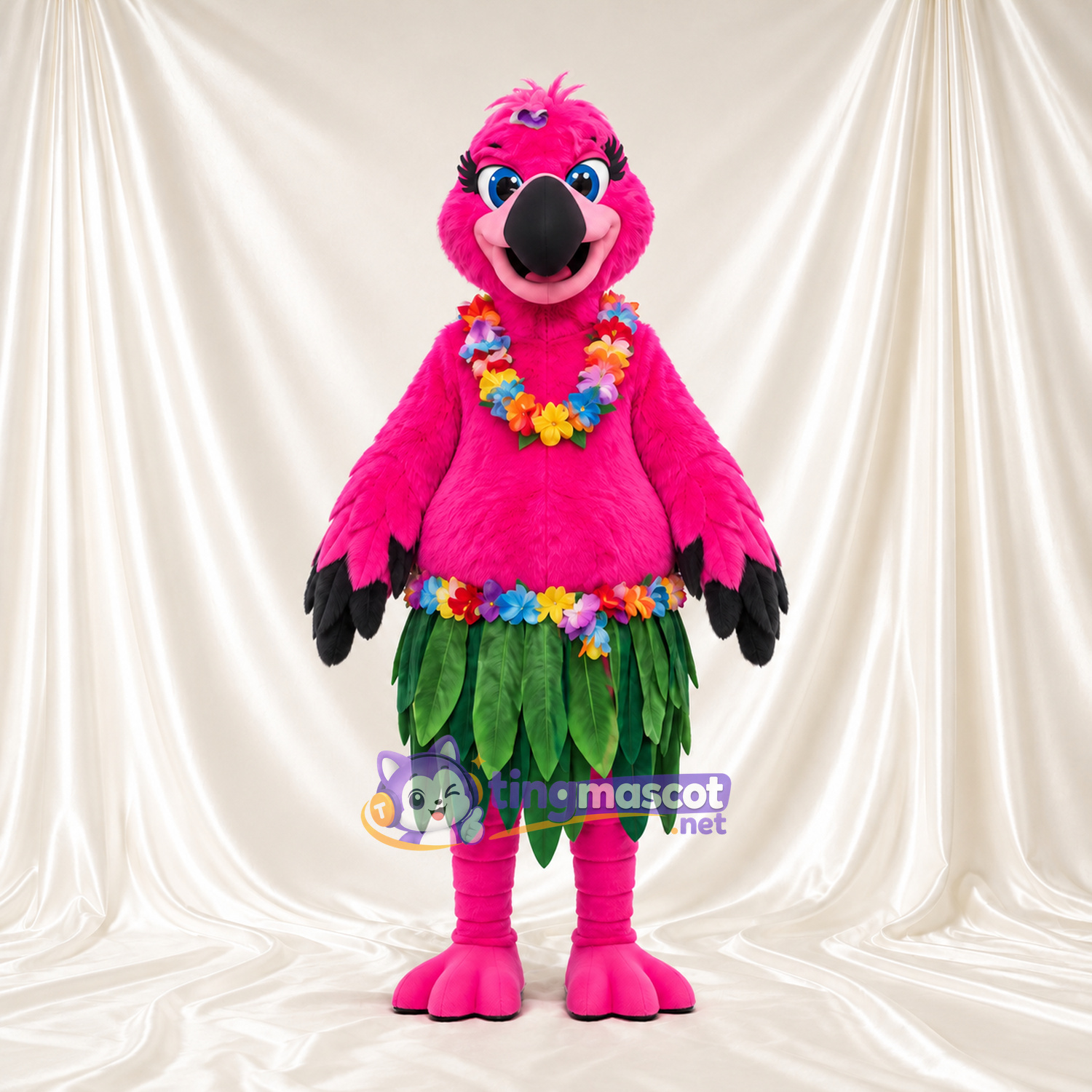 Costume de mascotte Flamant rose – rose – Collier de fleurs; Feuille (vert); Jupe Costume de mascotte Flamant rose – rose – Collier de fleurs; Feuille (vert); Jupe