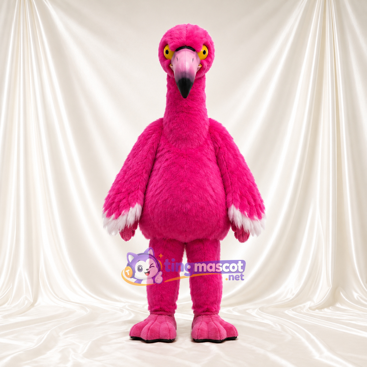 Hot Pink Flamingo Mascot Costume - Yellow Eyes and White Wing Tips Hot Pink Flamingo Mascot Costume - Yellow Eyes and White Wing Tips