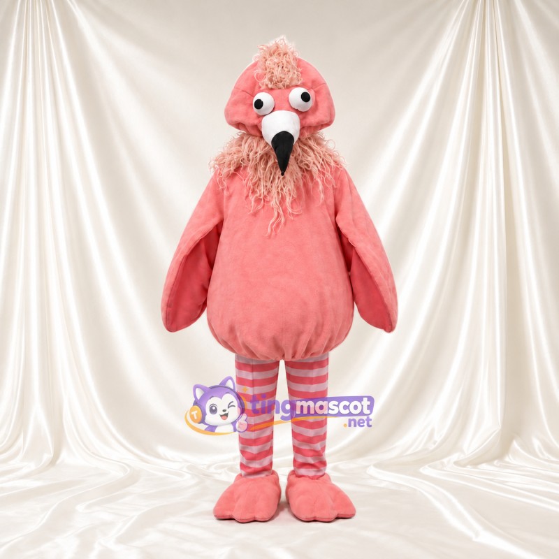 Maskottchenkostüm Vogel – korallrosa – Halskrause (zottelig); Gestreifte Beine Maskottchenkostüm Vogel – korallrosa – Halskrause (zottelig); Gestreifte Beine