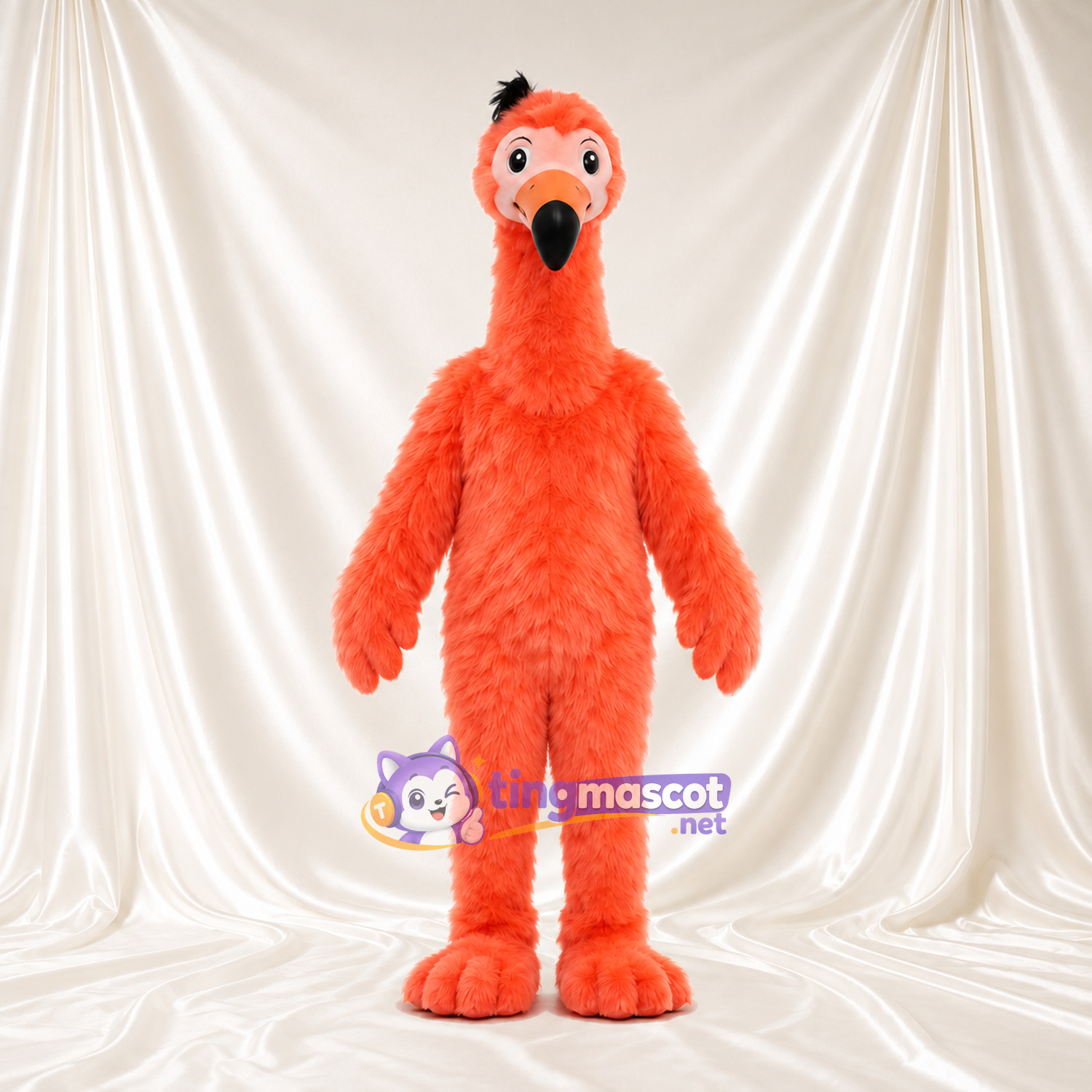 Costume de mascotte Flamant rose – orange – Huppe (noir); Corps (hirsute) Costume de mascotte Flamant rose – orange – Huppe (noir); Corps (hirsute)