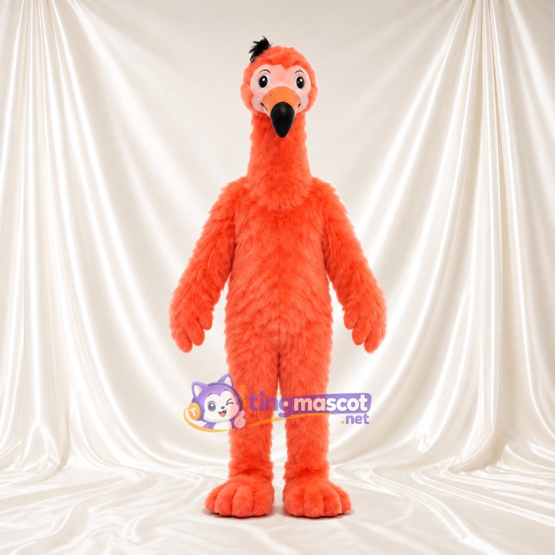 Costume de mascotte Flamant rose – orange – Huppe (noir); Corps (hirsute) Costume de mascotte Flamant rose – orange – Huppe (noir); Corps (hirsute)