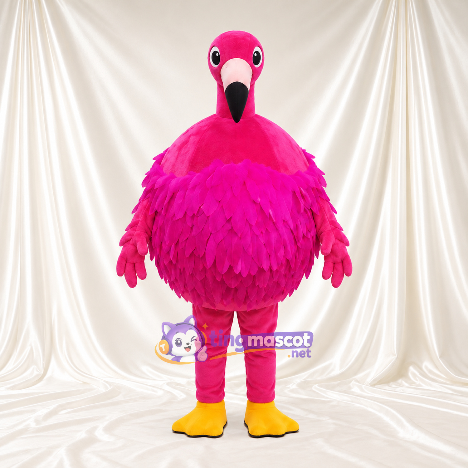 Maskottchenkostüm Flamingo – kräftiges Pink – Körper (rund, mit Federn); Füße (gelb) Maskottchenkostüm Flamingo – kräftiges Pink – Körper (rund, mit Federn); Füße (gelb)