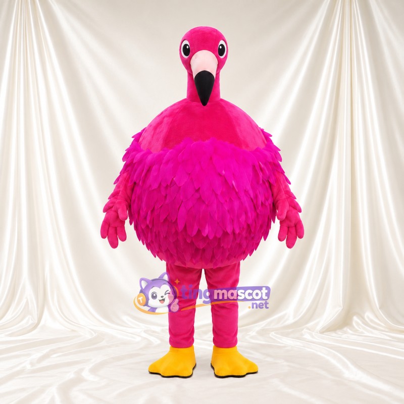 Hot Pink Flamingo Mascot Costume - Round Feathered Body and Yellow Feet Hot Pink Flamingo Mascot Costume - Round Feathered Body and Yellow Feet