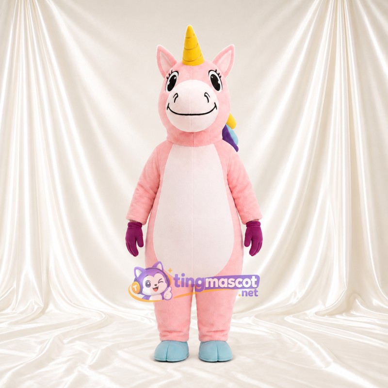 Maskottchenkostüm Einhorn – rosa – Horn (gelb); Hufe (blau) Maskottchenkostüm Einhorn – rosa – Horn (gelb); Hufe (blau)