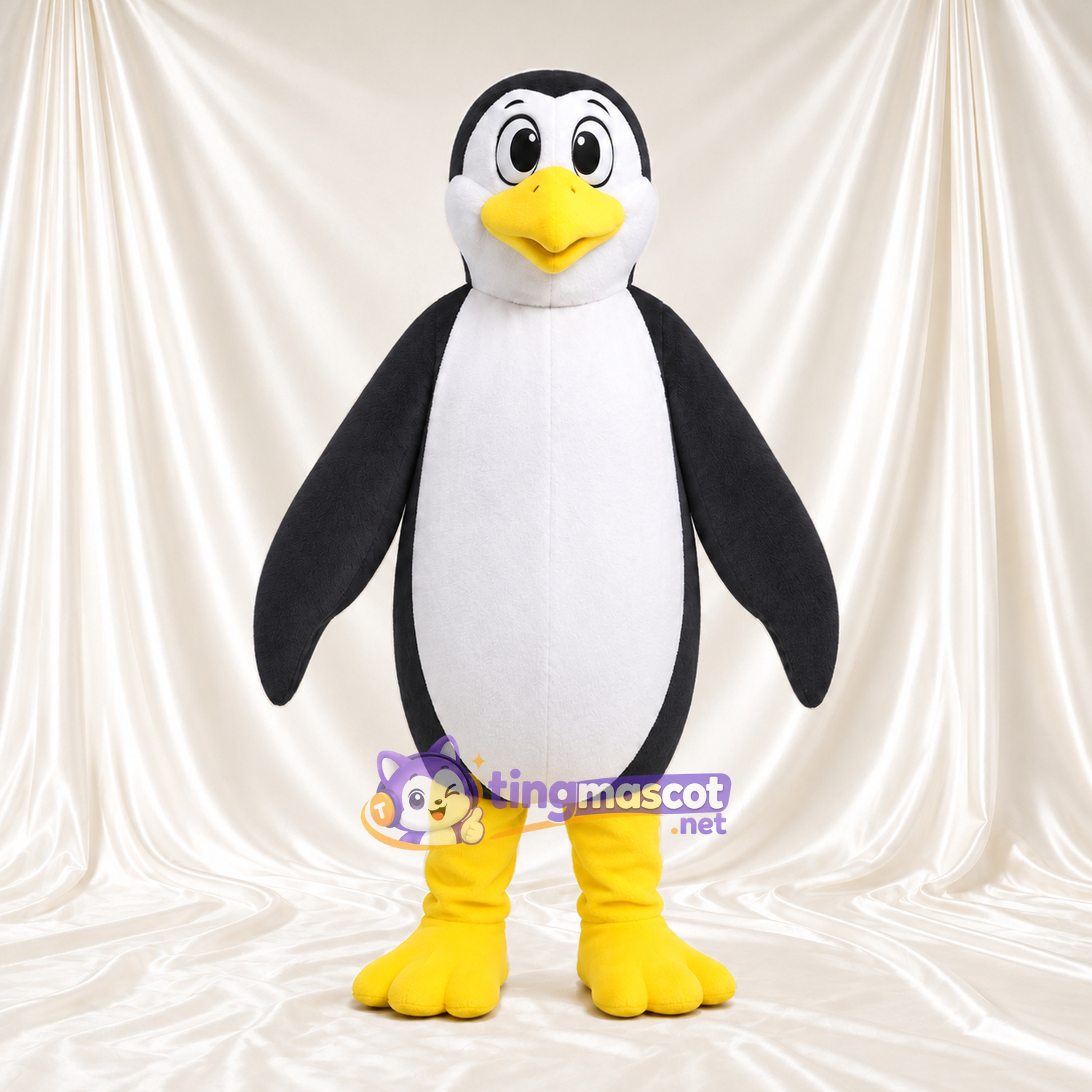 Costume de mascotte Manchot – gris – Ventre (blanc); Jambes (jaune) Costume de mascotte Manchot – gris – Ventre (blanc); Jambes (jaune)