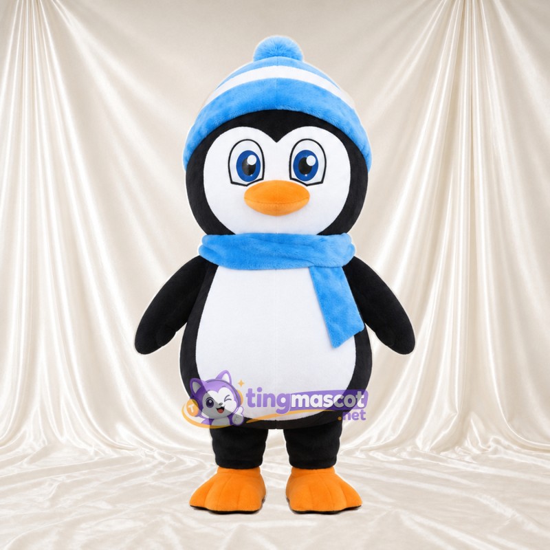 Costume de mascotte Manchot – noir – Bonnet (bleu); Écharpe (bleu) Costume de mascotte Manchot – noir – Bonnet (bleu); Écharpe (bleu)
