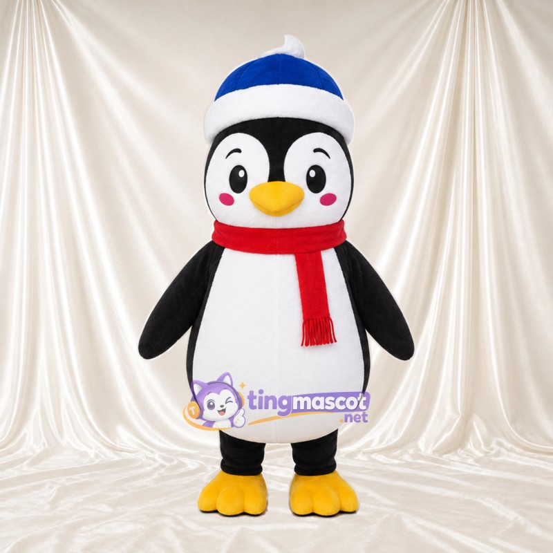 Costume de mascotte Manchot – noir – Bonnet (bleu); Écharpe (rouge); Joues (rose) Costume de mascotte Manchot – noir – Bonnet (bleu); Écharpe (rouge); Joues (rose)