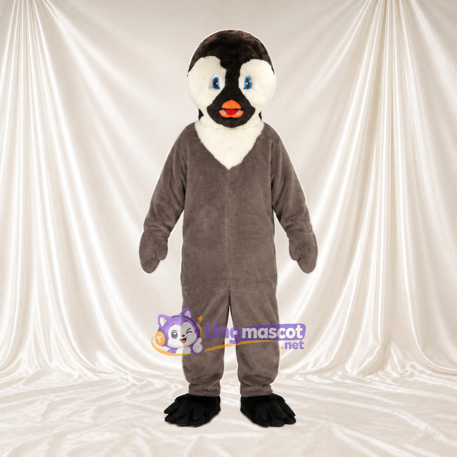 Costume de mascotte Manchot – gris – Visage (blanc); Pieds (noir) Costume de mascotte Manchot – gris – Visage (blanc); Pieds (noir)