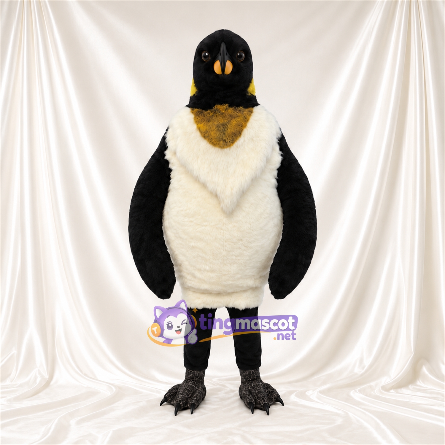 Maskottchenkostüm Kaiserpinguin – wie abgebildet – Bauch (creme, mit Federn); Hals (goldfarben) Maskottchenkostüm Kaiserpinguin – wie abgebildet – Bauch (creme, mit Federn); Hals (goldfarben)