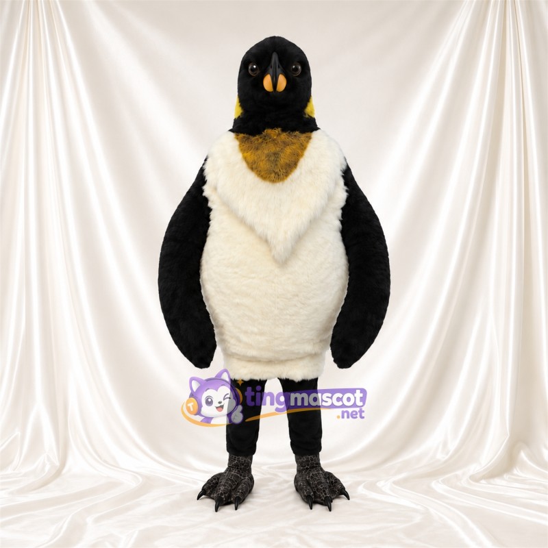 Maskottchenkostüm Kaiserpinguin – wie abgebildet – Bauch (creme, mit Federn); Hals (goldfarben) Maskottchenkostüm Kaiserpinguin – wie abgebildet – Bauch (creme, mit Federn); Hals (goldfarben)
