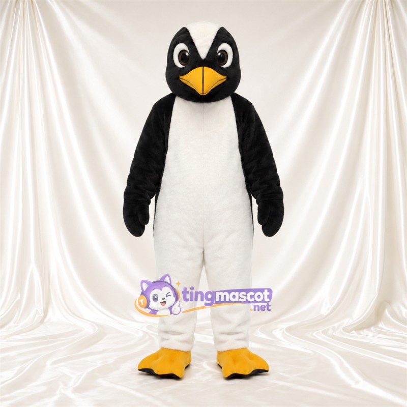 Black and White Penguin Mascot Costume - Angled White Brows and Yellow Feet Black and White Penguin Mascot Costume - Angled White Brows and Yellow Feet