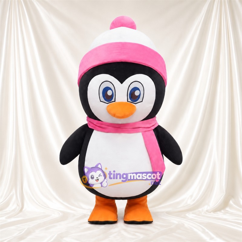 Costume de mascotte Manchot – noir – Bonnet (rose); Écharpe (rose) Costume de mascotte Manchot – noir – Bonnet (rose); Écharpe (rose)