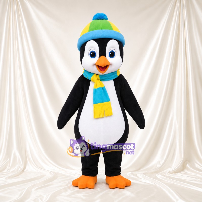 Costume de mascotte Manchot – noir – Bonnet (bleu); Écharpe (bleu, jaune) Costume de mascotte Manchot – noir – Bonnet (bleu); Écharpe (bleu, jaune)