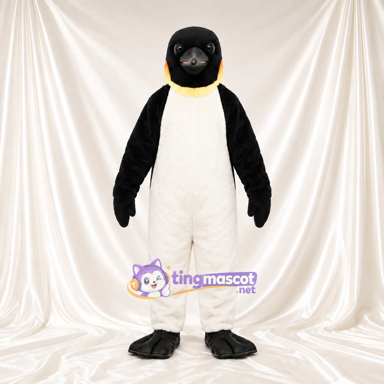 Maskottchenkostüm Kaiserpinguin – wie abgebildet – Hals (gelb); Füße (schwarz, mit Schwimmhäuten) Maskottchenkostüm Kaiserpinguin – wie abgebildet – Hals (gelb); Füße (schwarz, mit Schwimmhäuten)